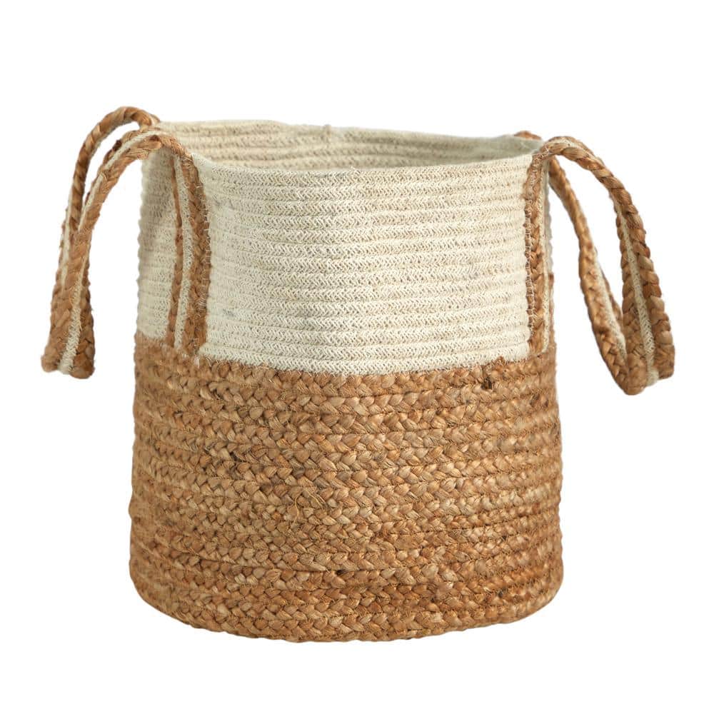 14 in. Beige Jute and Natural Cotton Boho Chic Basket Planter with Handles - Hercitys