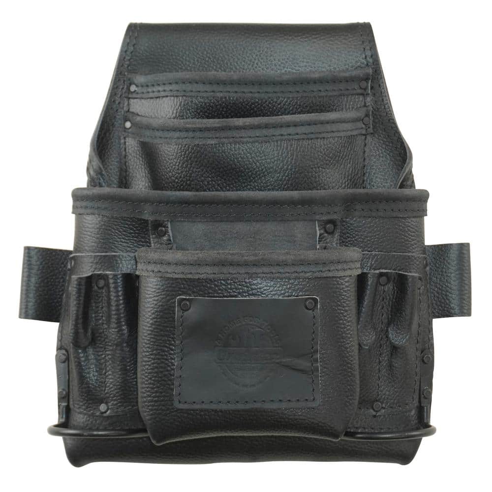 10-Pocket Black Rugged Top Grain Leather Tool Pouch w/2 Hammer Holders - Hercitys