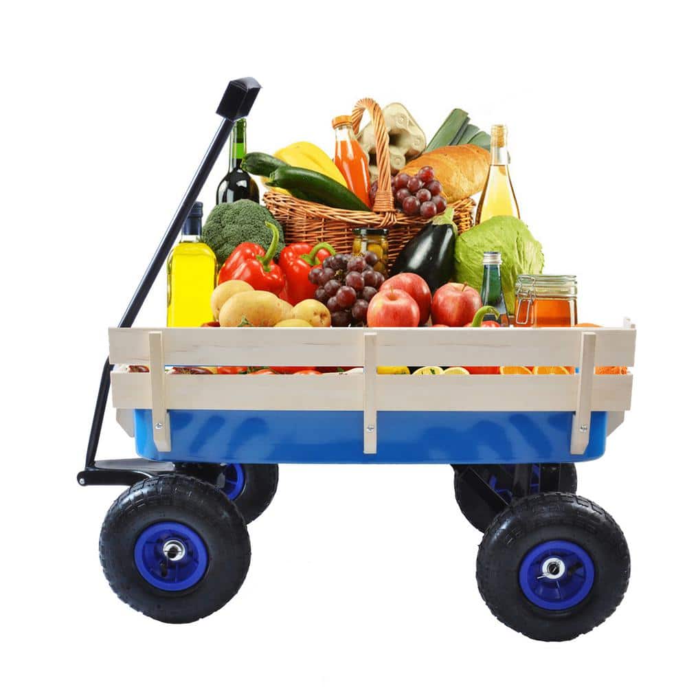 4.3 cu. ft. Wood Steel Blue Outdoor Wagon All Terrain Pulling Wood Railing Air Tires Kid Garden Cart - Hercitys