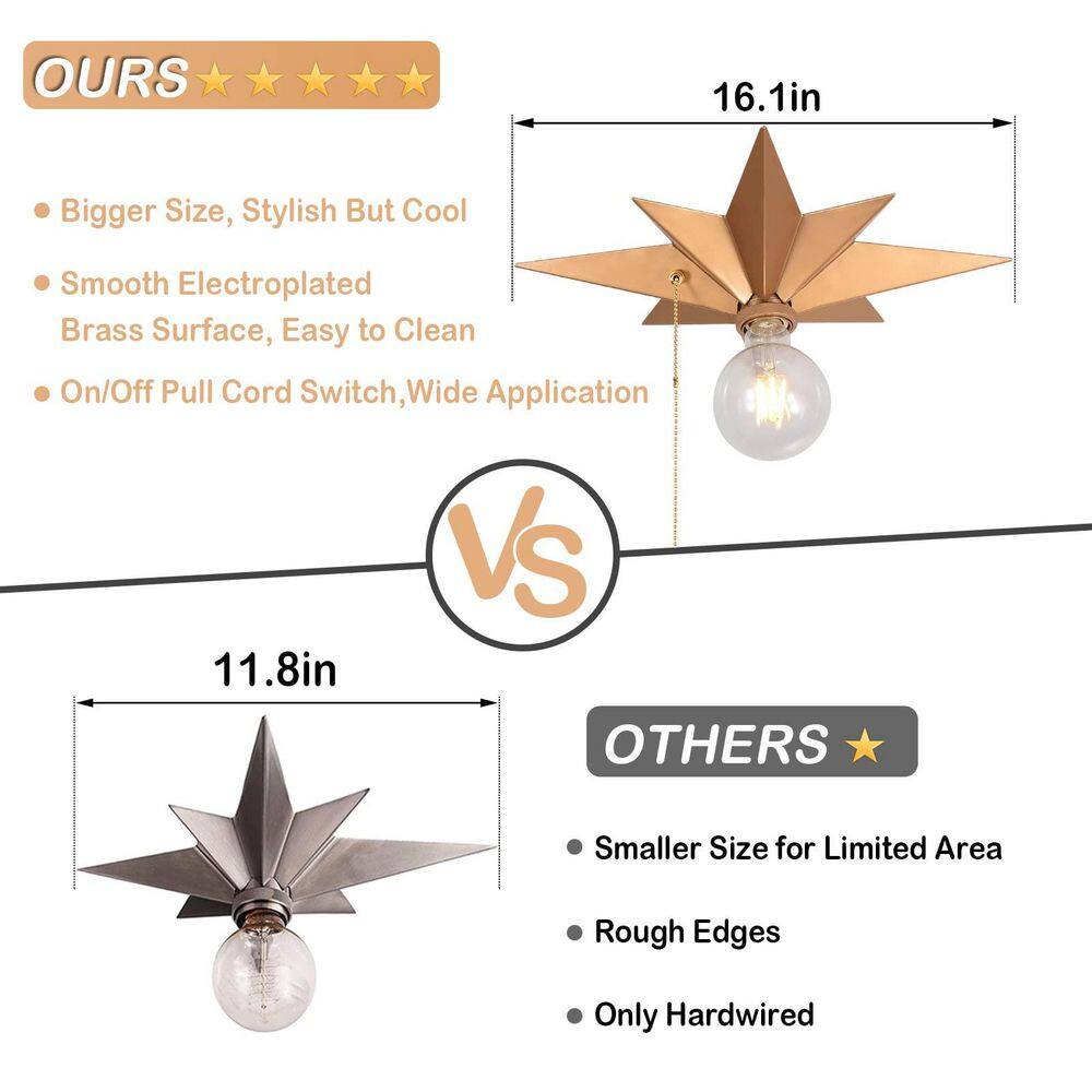 16 in. Gold LED Flush Mount Ceiling Star Light with Pull Chain, Farmhouse Lighting for Hallway Entryway Porch - Hercitys