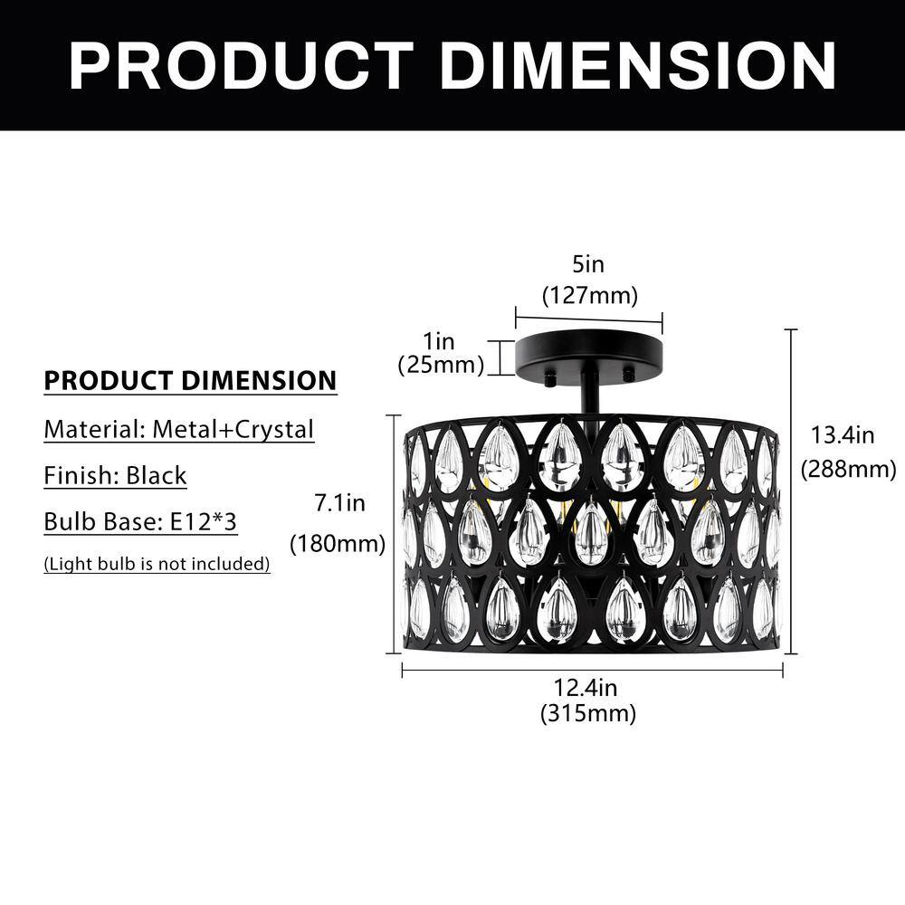 12 in. 3-Light Matte Black Semi-Flush Mount Ceiling Light with Teardrop Crystal Accents, E12 Base, No Bulbs Included - Hercitys