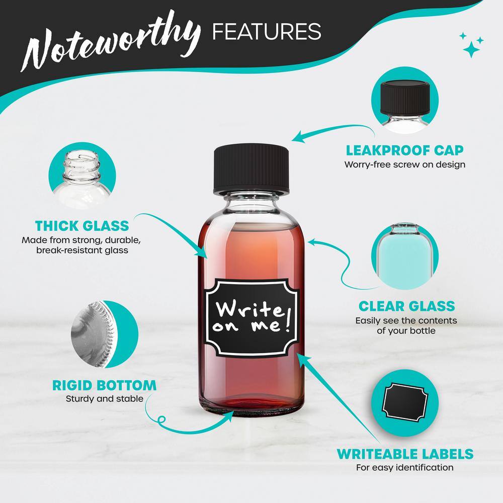 2 oz. Boston Round Glass Bottles with Lids, Brush, Funnels, Shrink Wrap, Marker and Labels-Clear (Pack of 24) - Hercitys