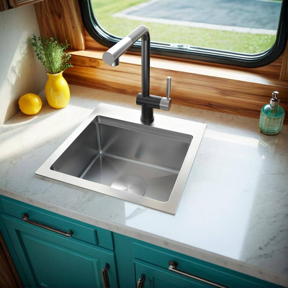 15 in. x 15 in. Undermount Stainless Steel Kitchen Sink with Foldable Tap in Silver - Hercitys