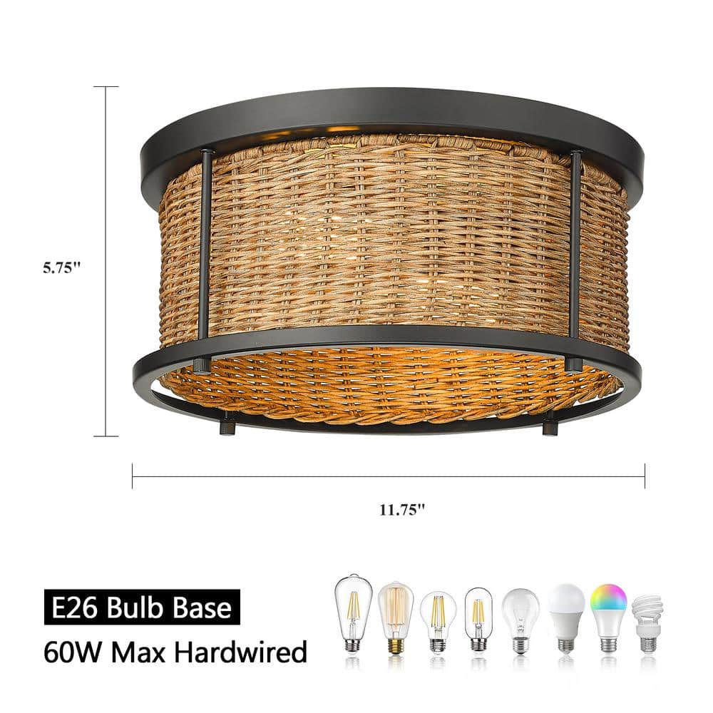 11.75 in. 2-Light Natural Bohemian Rattan Flush Mount Ceiling Light - Hercitys