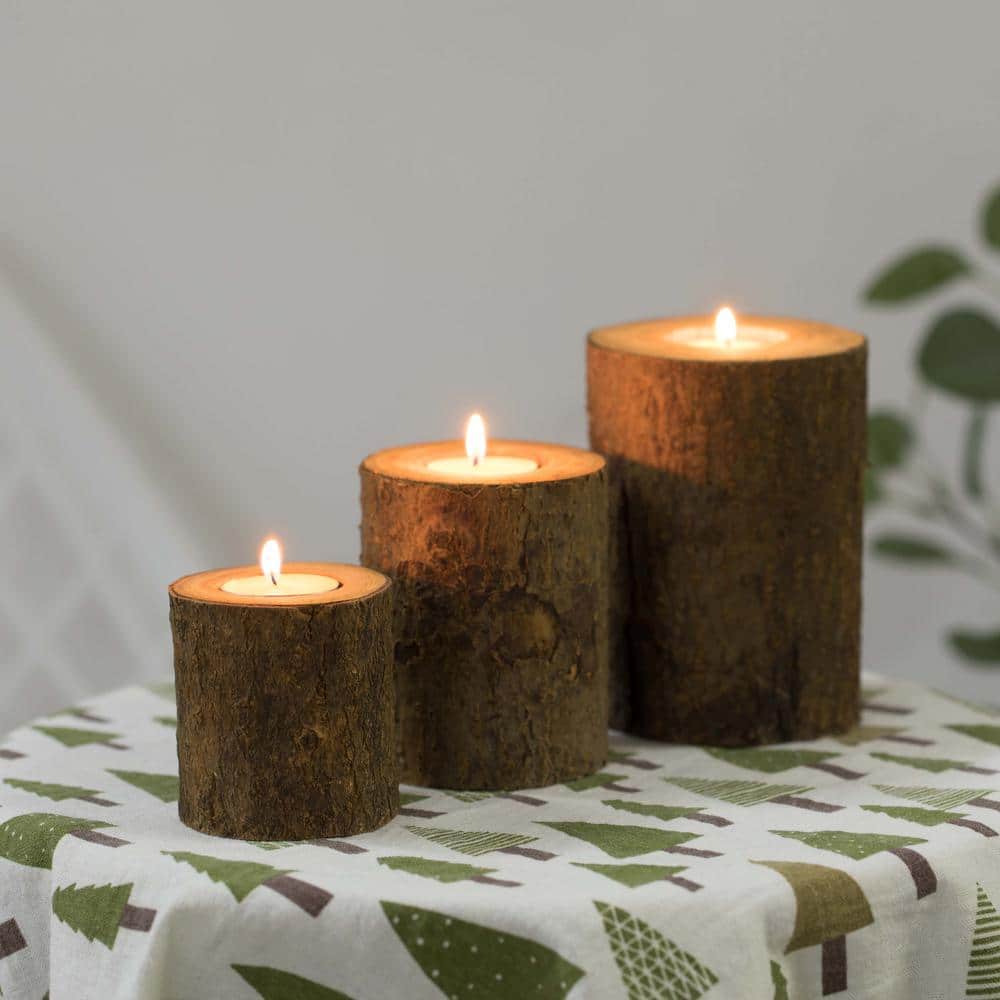 3.75 in. H Bark Wooden Pillar Tree Stump Tea Light Rustic Candle Holder (Set of 3) - Hercitys