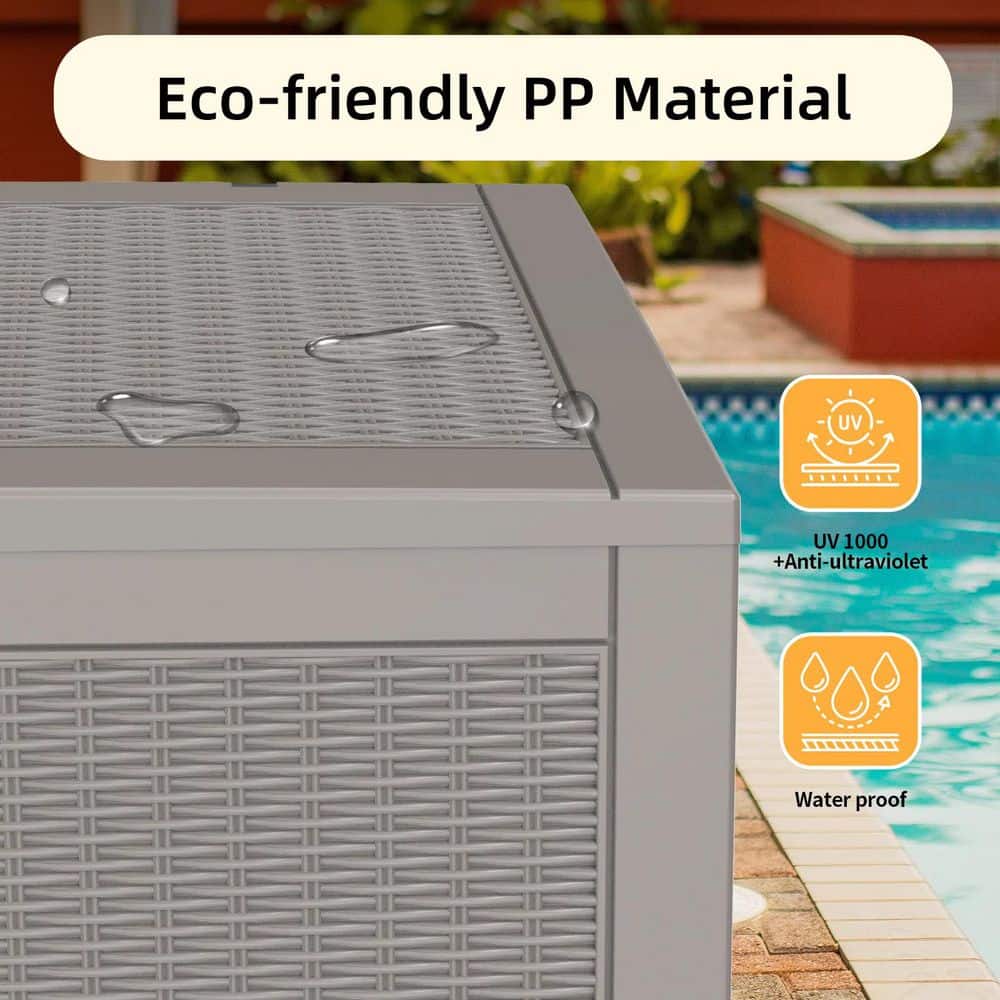 100 Gal. Large Plastic Rattan Deck Box with Gas Pressure Spring in khaki - Hercitys