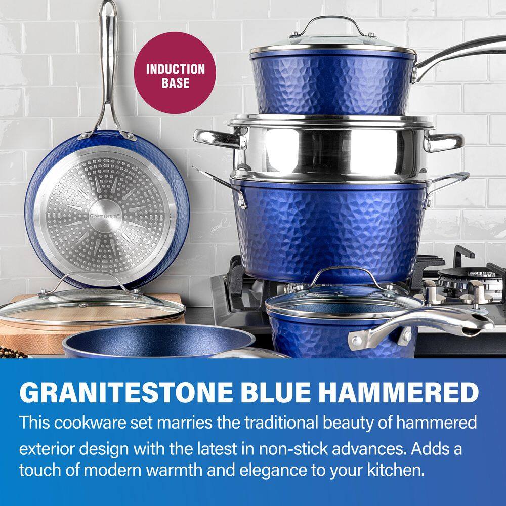 10-Piece Aluminum Hammered Ultra-Durable Non-Stick Diamond Infused Cookware Set in Classic Blue - Hercitys