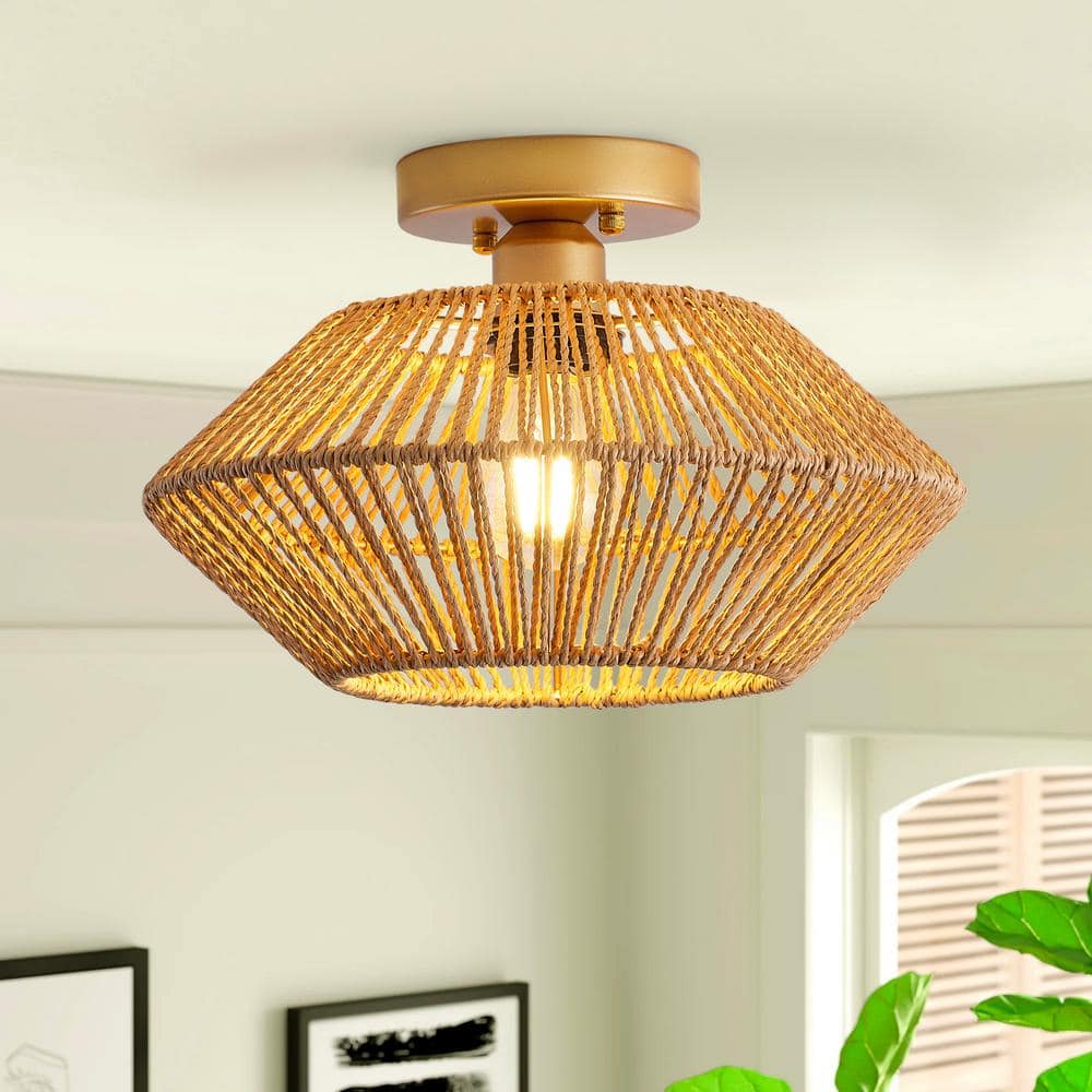 12.6 in. 1-Light Woven Rattan Semi-Flush Mount Hand-Worked Cage Shade Natural Ceiling Light Fixtures - Hercitys