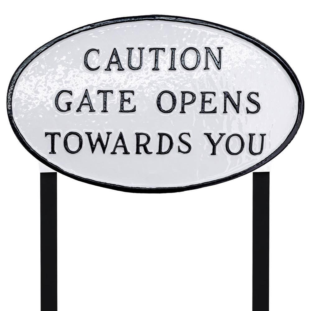 10 in. x 18 in. Large Oval Caution Gate Opens Towards You Statement Plaque Sign with Lawn Stakes – White/Black - Hercitys