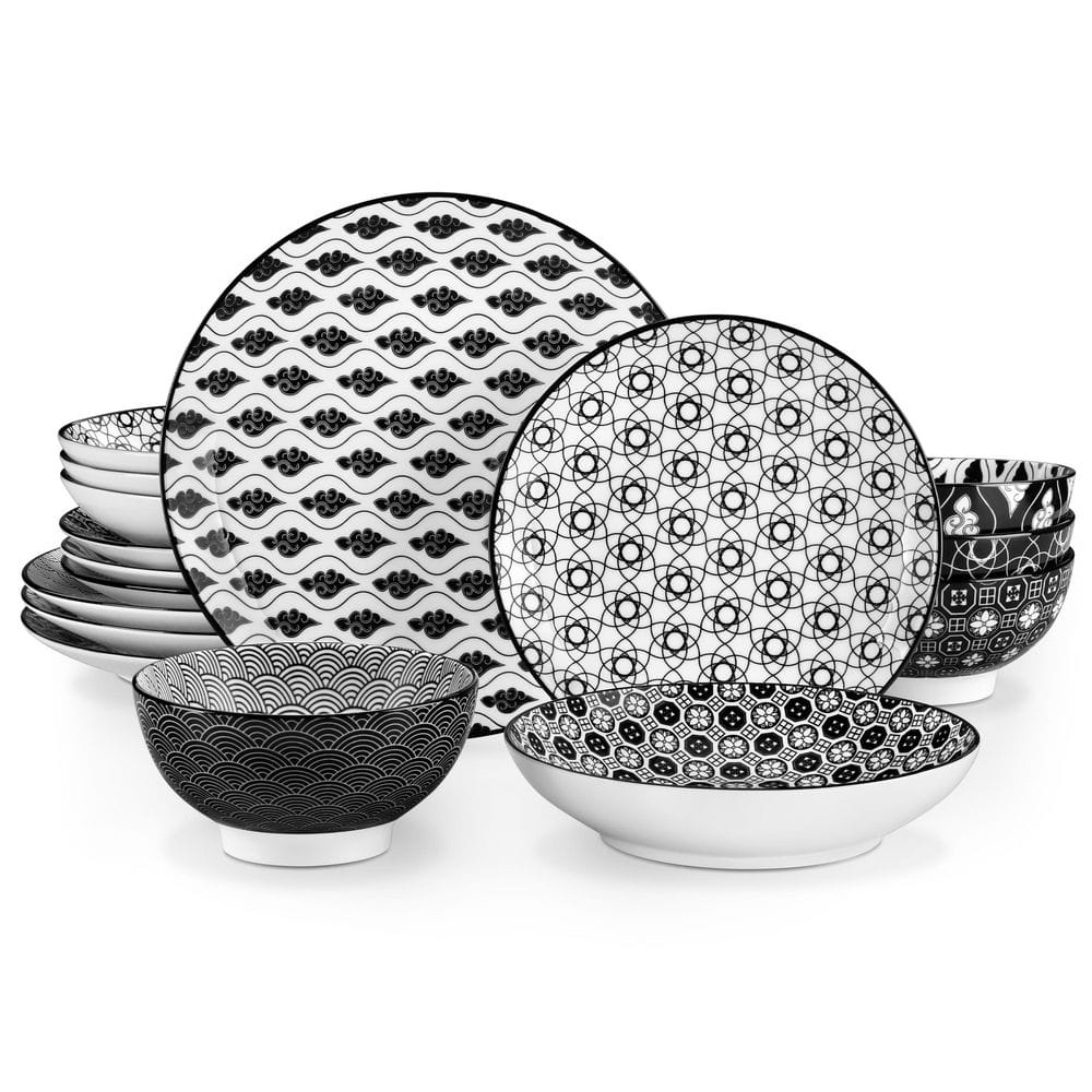 16-Piece Black and White Porcelain Dinnerware Set Service for 4-Plates and Bowls Tableware Set - Hercitys