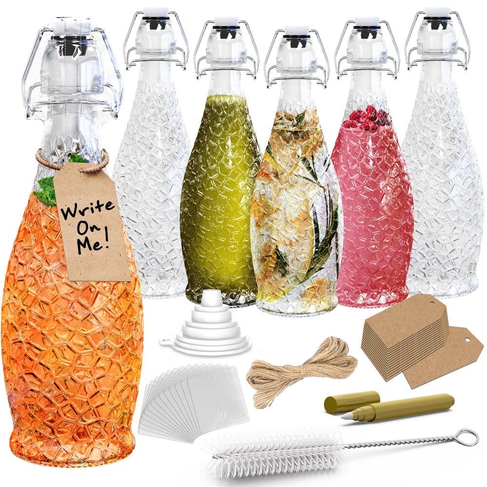 17 oz. Textured Teardrop Swing Top Glass Bottles with Funnel, Bottle Brush, Tags, Shrink Wrap and Marker (Set of 6) - Hercitys