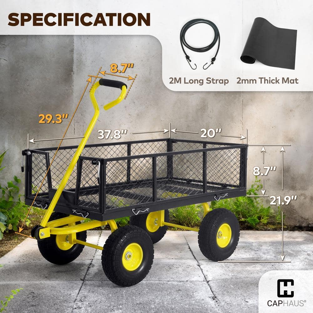 4 cu. ft. Metal Black Garden Cart, W/180° Adjustable Yellow Handle, W/Mat and Strap, Heavy-Duty 880 lbs. Capacity - Hercitys