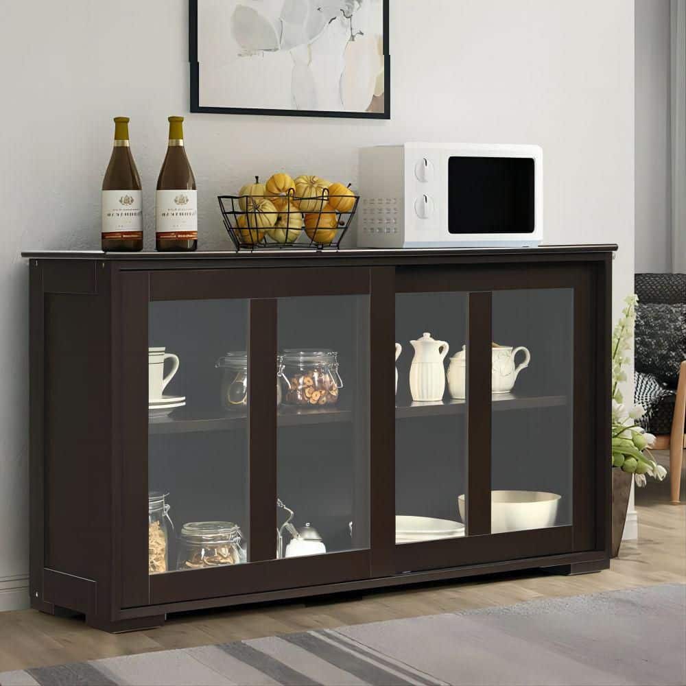 42 in. W x 24.5 in. H x 13in. D Brown Wooden Pantry Freestanding Kitchen Storage Cabinet with 2-Glass Sliding Door - Hercitys