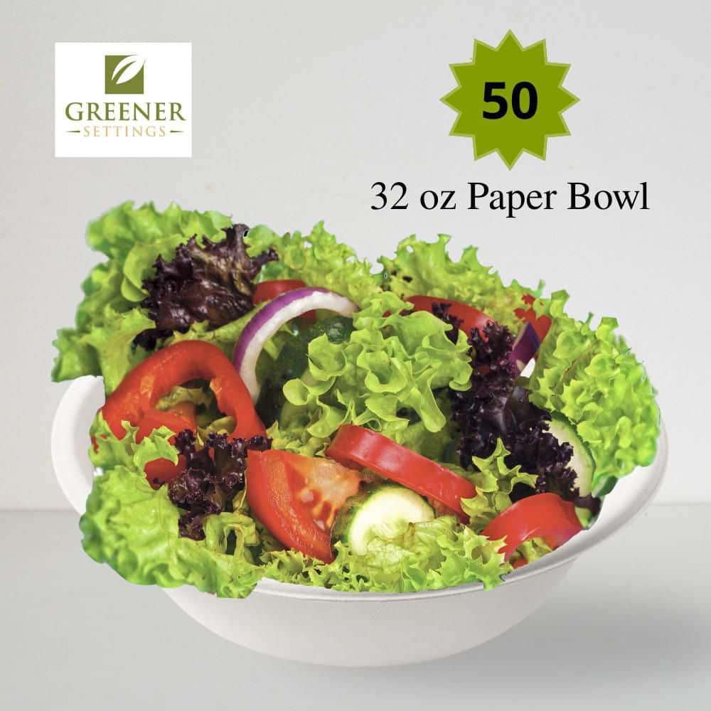 100% Compostable 32 oz. Unbleached Disposable Paper Bowls 50-Pack - Hercitys