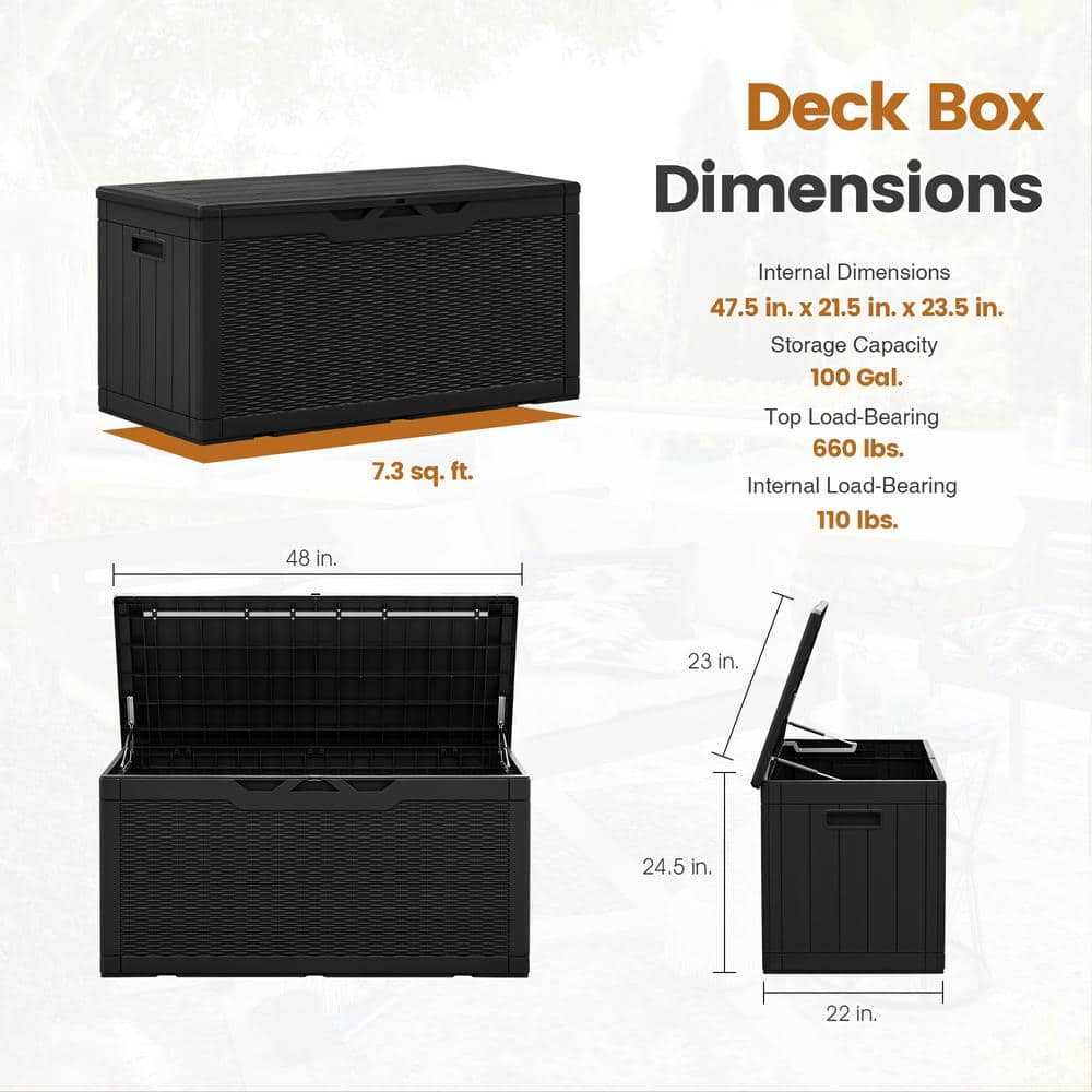100 Gal. Fusion Style Deck Box Black Outdoor Resin Storage Box - Hercitys