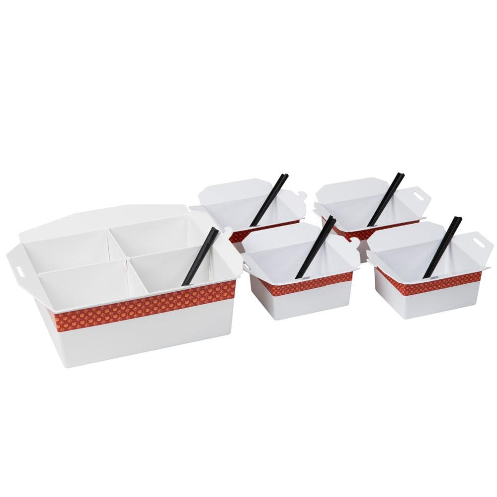 13 in. W x  5.5 in. H x 15 in. D Rectangle White Chinese Take Out Serving Set Divided Serving Tray Melamine Set of 5 - Hercitys
