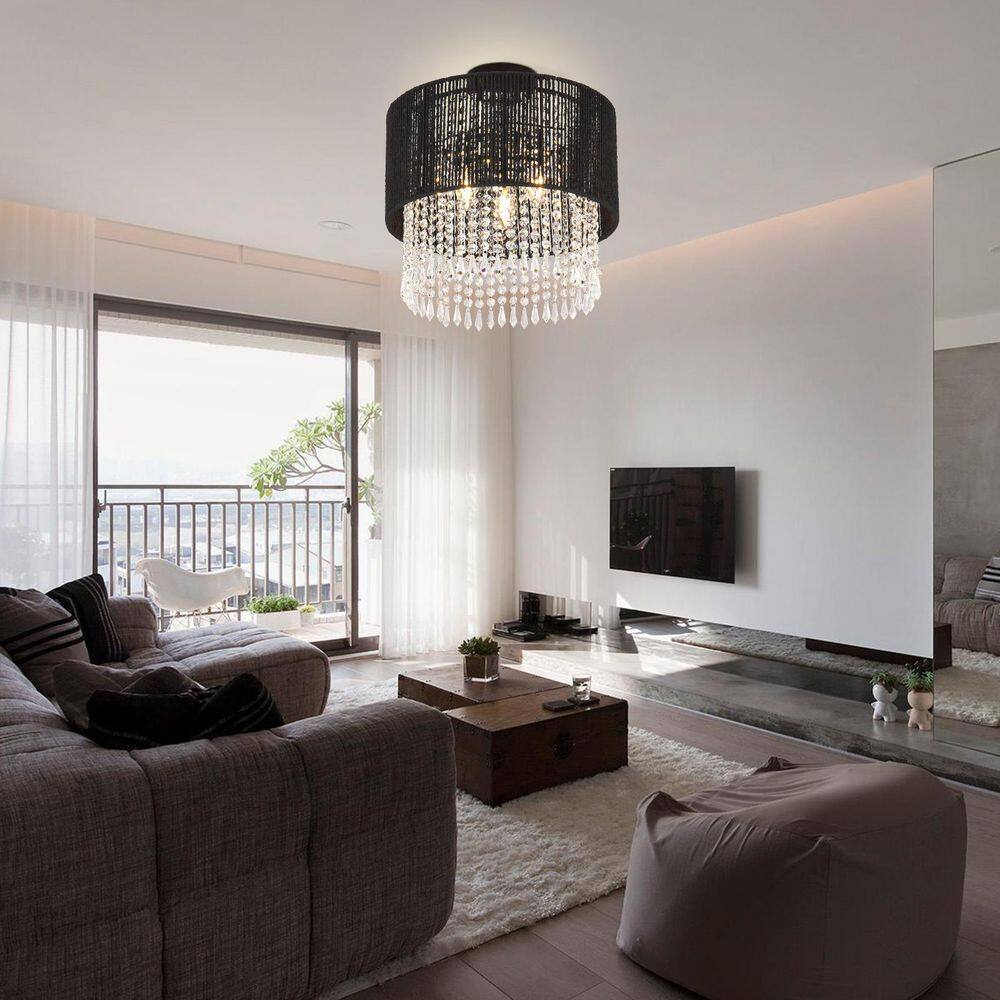 14.97 in. 3-Light Semi-Flush Mount with Rattan Shade and No Bulbs Included - Hercitys