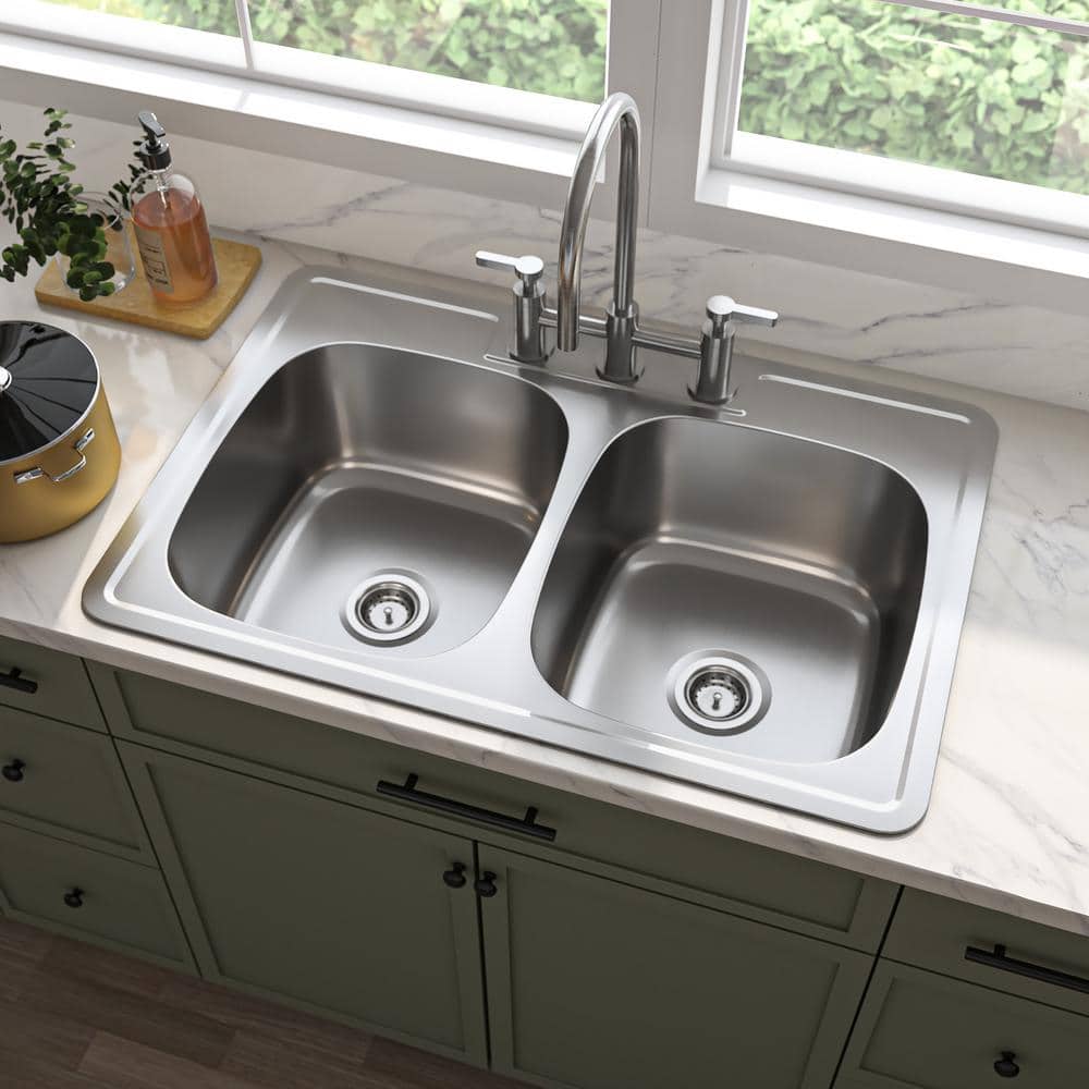 33 in. Overmount 50/50 Double Bowl 18 Gauge Satin Stainless Steel Kitchen Sink with Strainer - Hercitys