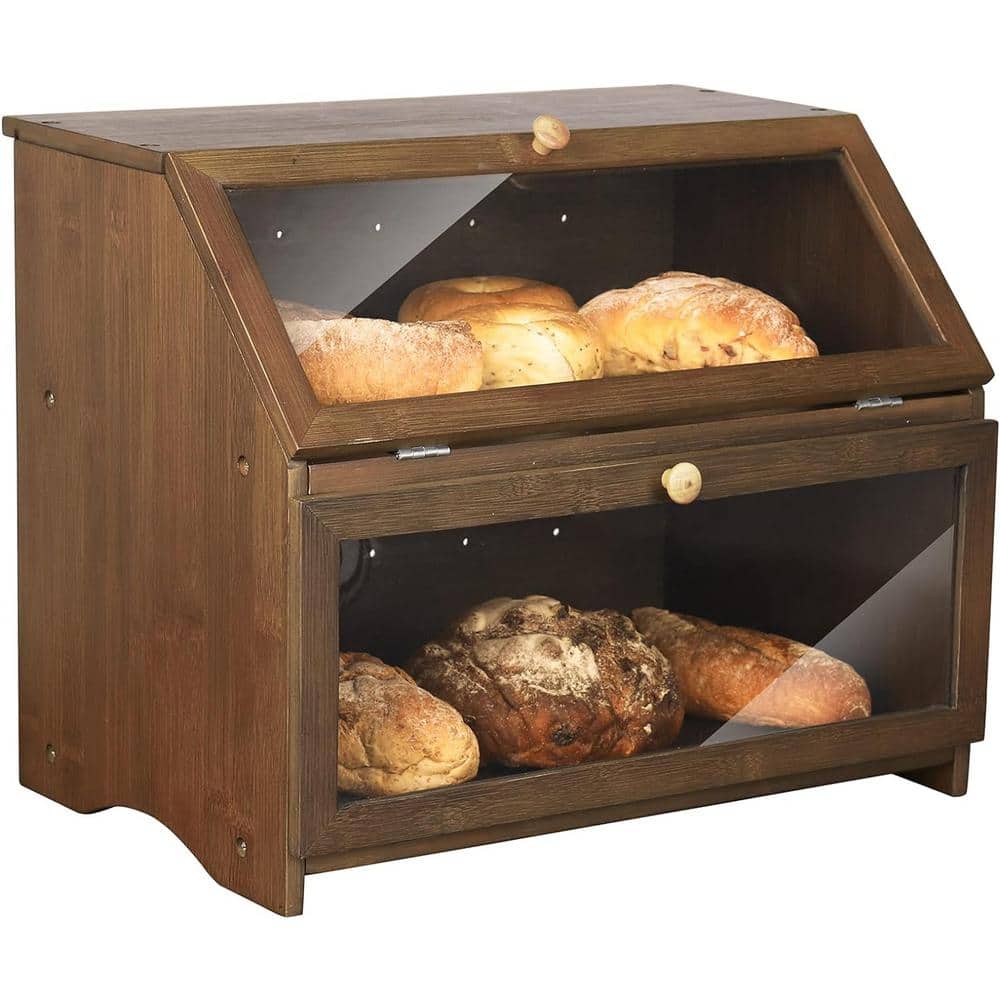 1-Piece Double Layer Bread Box for Kitchen Counter, Wooden Large Capacity Bread Storage Bin (Brown) - Hercitys