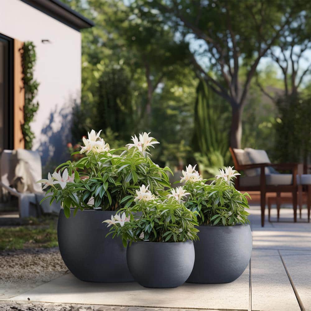 11.5 in.,15 in.,19 in. Large Granite Gray Concrete Round planter / Pot with drainage holes (Set of 3) - Hercitys