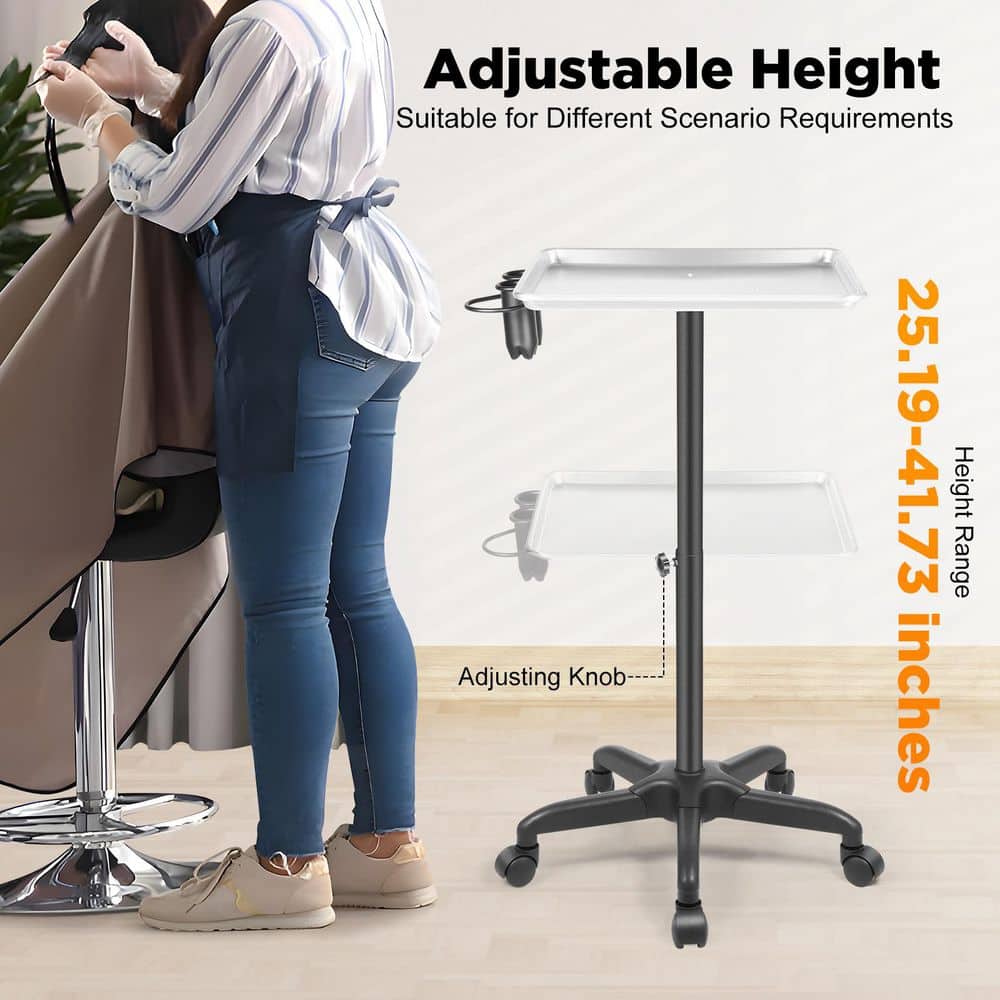 1-Tier Metal Height Adjustable 5-Wheeled Salon Tray in Silver - Hercitys