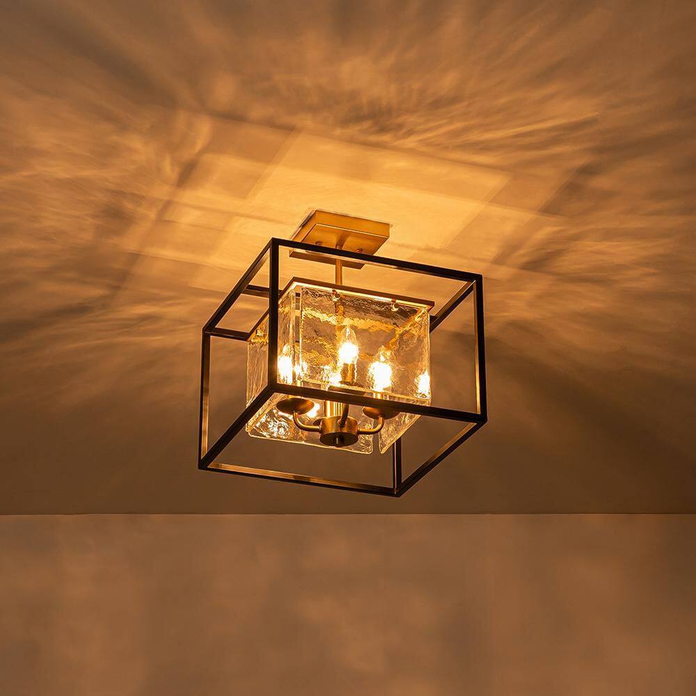 13.98 in. 4-Light Matte Black Industrial Semi-Flush Mount Ceiling Light Fixture With Hazy Textured Glass Shade - Hercitys