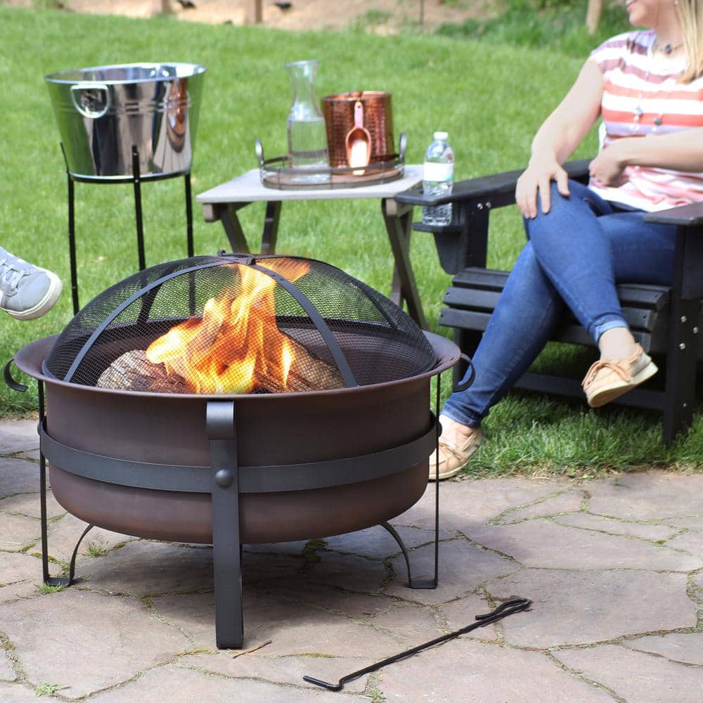 29 in. Round Steel Wood Burning Fire Pit with Cauldron Style and Spark Screen Set in Bronze - Hercitys