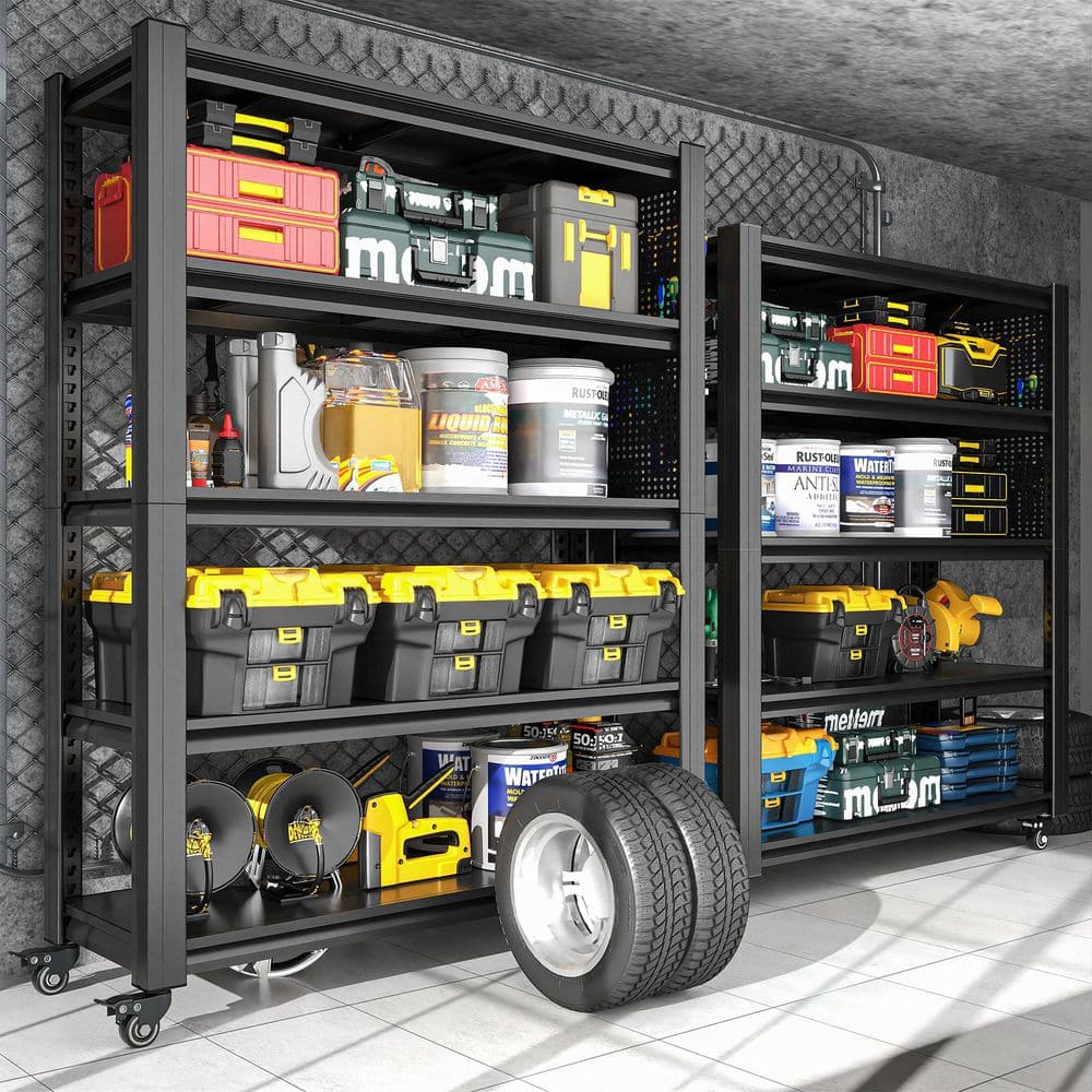 5-Tier Steel Garage Storage Shelving Unit in Black with Wheels and Pegboard (47.2 in. W x 72 in. H x 23.6 in. D) - Hercitys