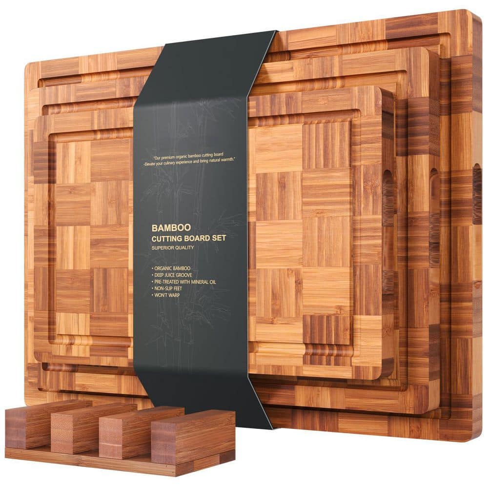 15.8 in. x 11.8 in. Rectangular Bamboo Cutting Boards Set of 3 for Kitchen, End Grain Serving Board with Holder - Hercitys