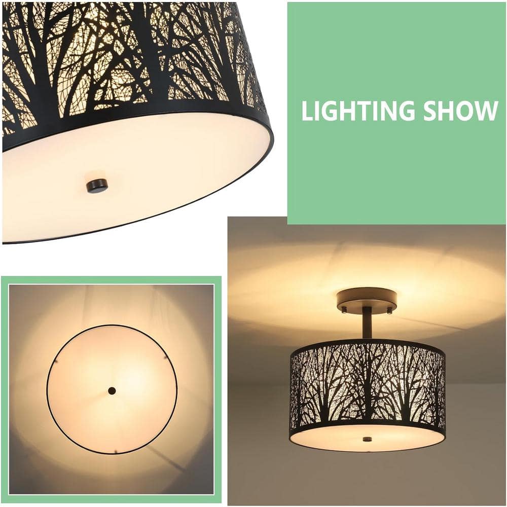 11.8 in. 3-Light Black Drum Light Semi Flush Mount with Etched Pattern Shade - Hercitys