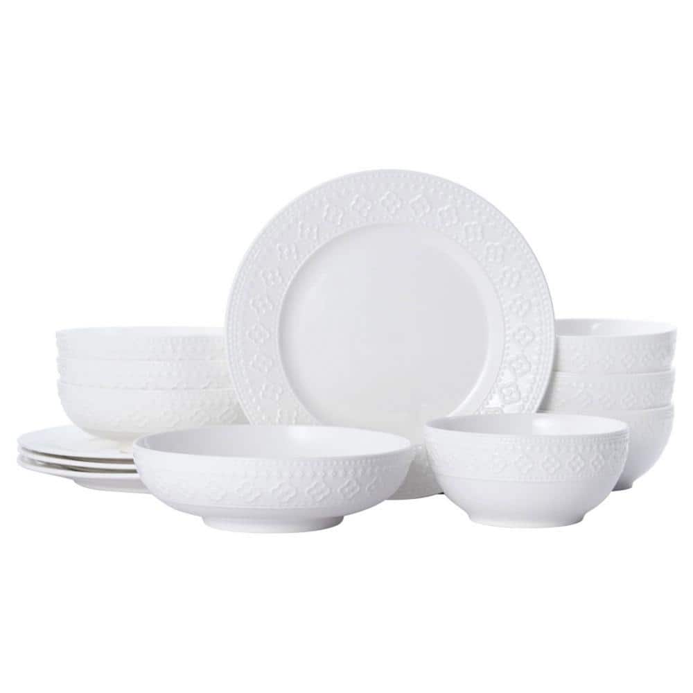 12-Piece Haisley White Stoneware Dinnerware Set (Service For 4) - Hercitys