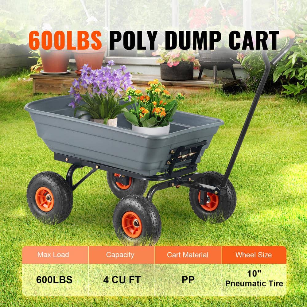4 cu. ft. Dump Cart Poly Steel Frame Dump Wagon with 2 in 1 Convertible Handle Garden Cart 600 lbs. Capacity - Hercitys
