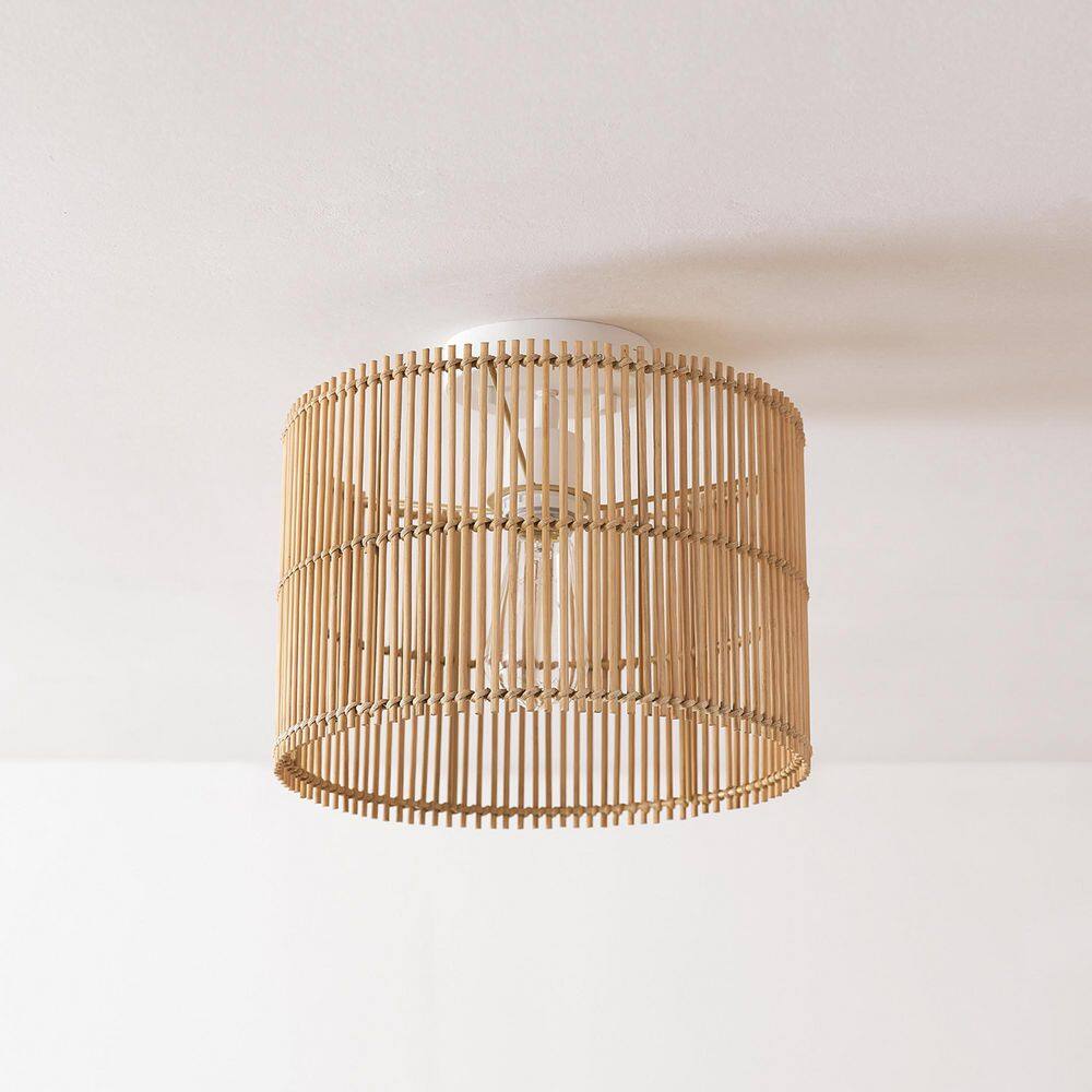 11.75 in. 1-Light Matte White Semi-Flush Mount Ceiling Light with Natural Bamboo Shade - Hercitys