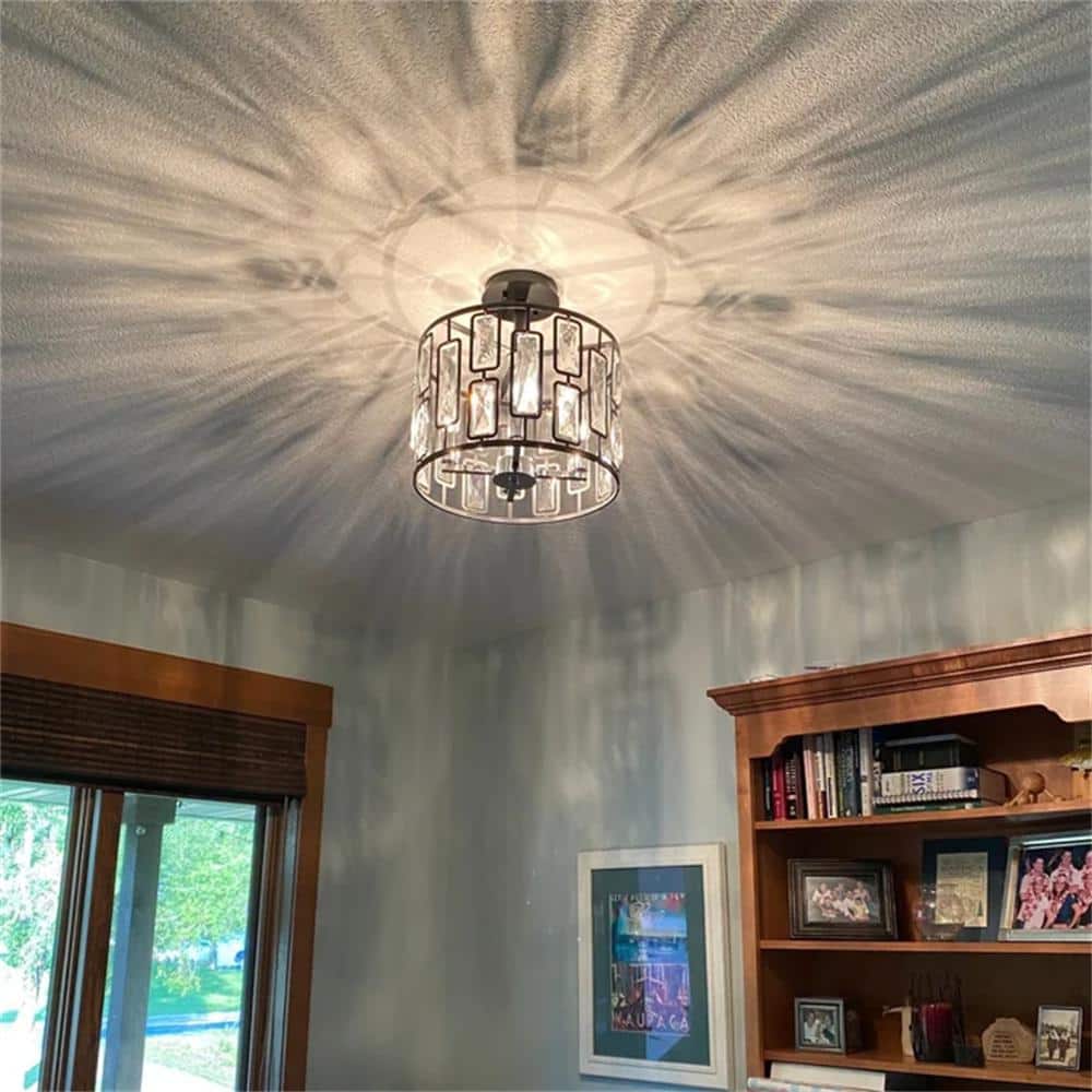 13.5 in. 4-Light Black Semi Flush Mount with Clear Crystals - Hercitys