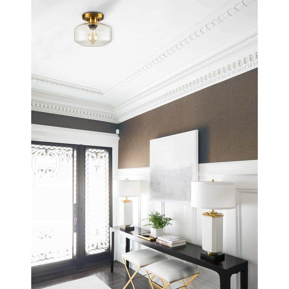 13.07 in. 1-Light Gold Modern Semi-Flush Mount with Clear Glass Shade and No Bulbs Included (1-Pack) - Hercitys