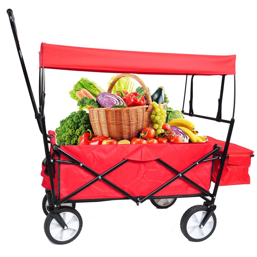 3.6 cu. ft. Metal Outdoor Folding Shopping Garden Cart with Canopy in Red - Hercitys