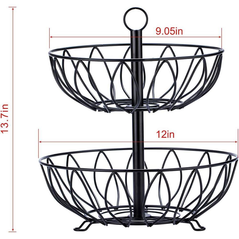 2-Tier Fruit Stand Vegetables Basket Counter Top Storage for Kitchen Home Metal Cast Iron in Black - Hercitys