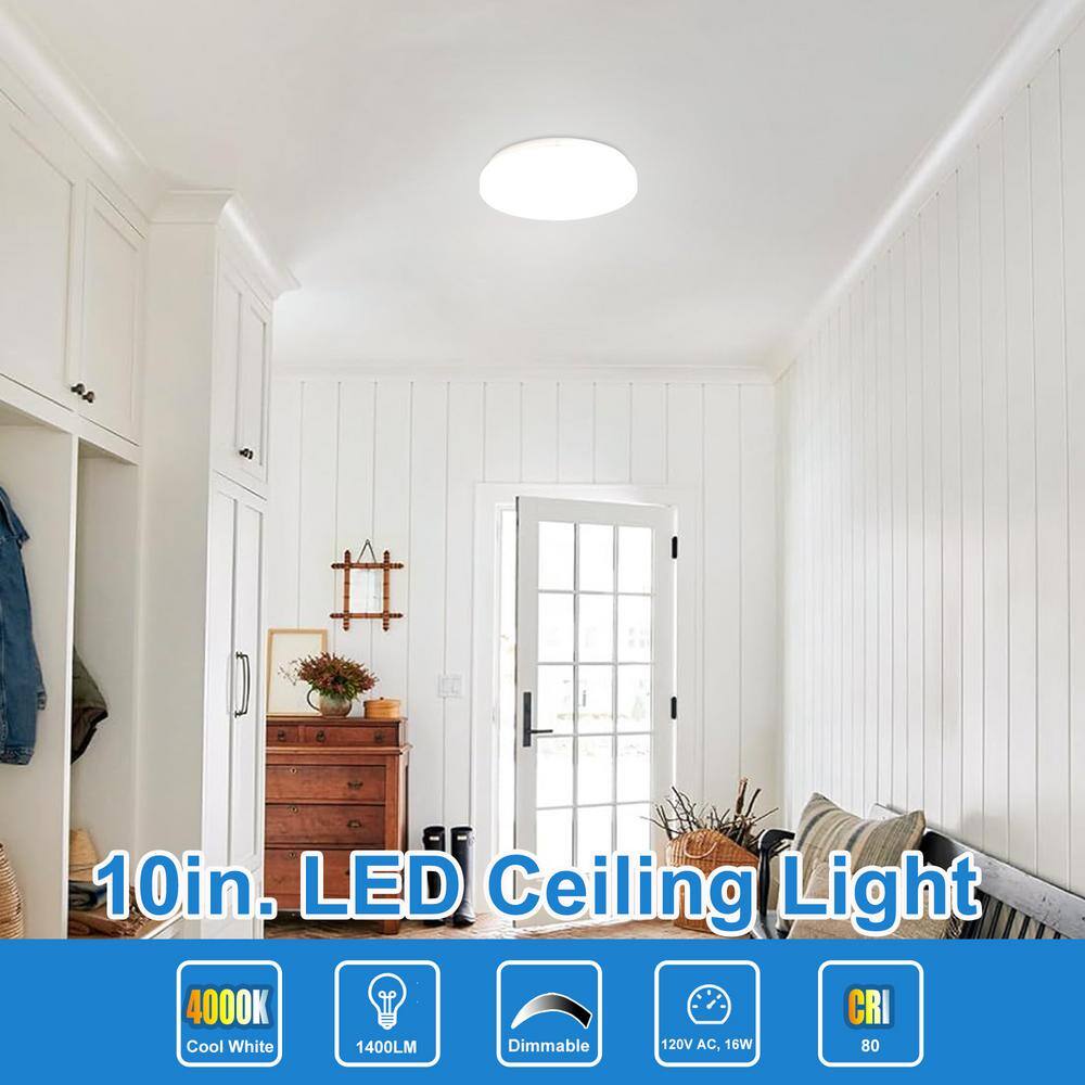 10 in. White Round Low Profile Dimmable LED Flush Mount with Plastic Shade Ceiling Light – 4000K Cool White - Hercitys