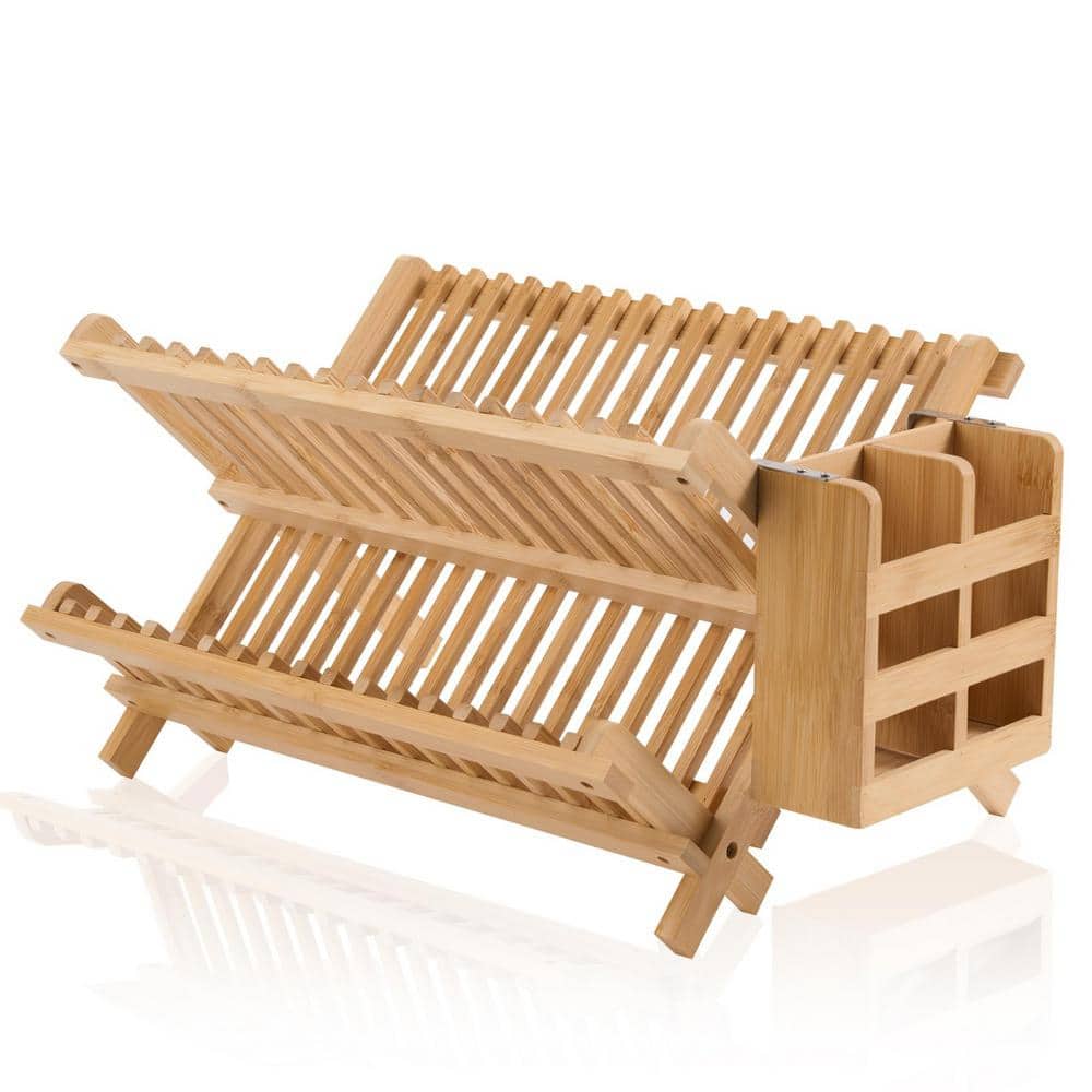 2-Tier Bamboo Dish Drying Rack, Collapsible Small Dish Rack with Utensil Holder for Kitchen Counter - Hercitys