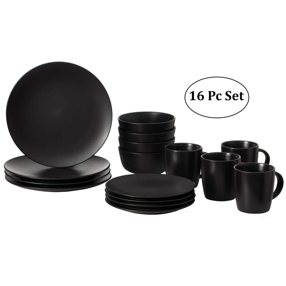 16-Piece Matte Black Dinnerware Dish Set for 4 Person Mugs, Salad and Dinner Plates and Bowls Sets, High Quality Dishes - Hercitys