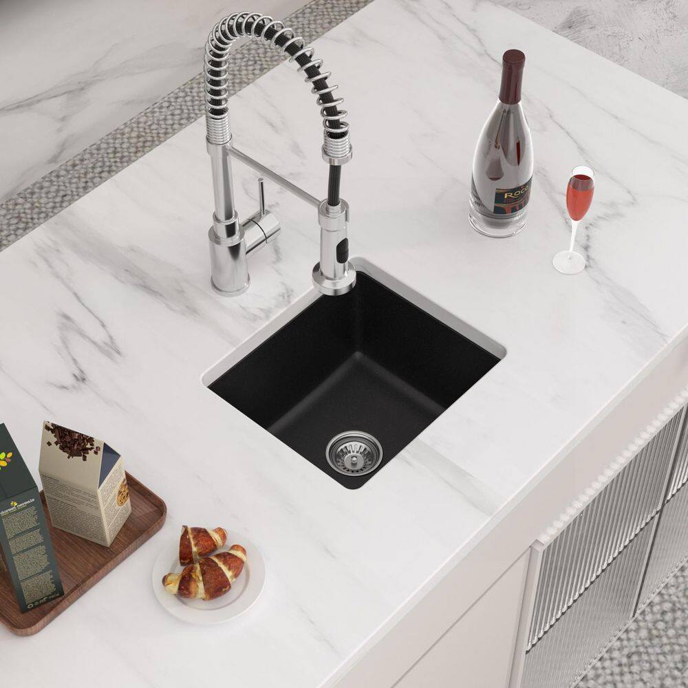 18 in. Undermount Single Bowl Black Quartz Composite Kitchen Sink with Bottom Grids - Hercitys