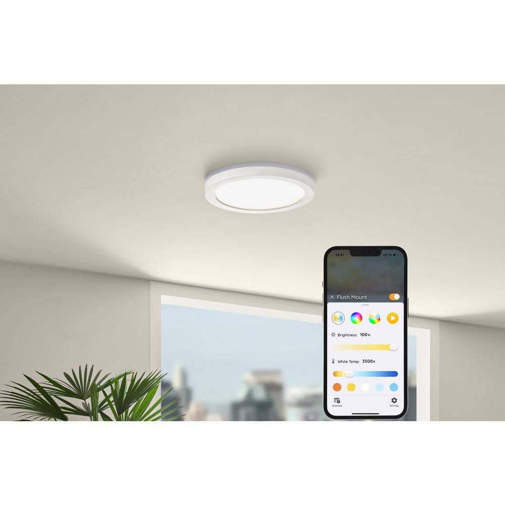 12 in. LED Flush Mount Smart CCT and RGB Selectable Matte White Finish with Night Light Powered by Hubspace - Hercitys