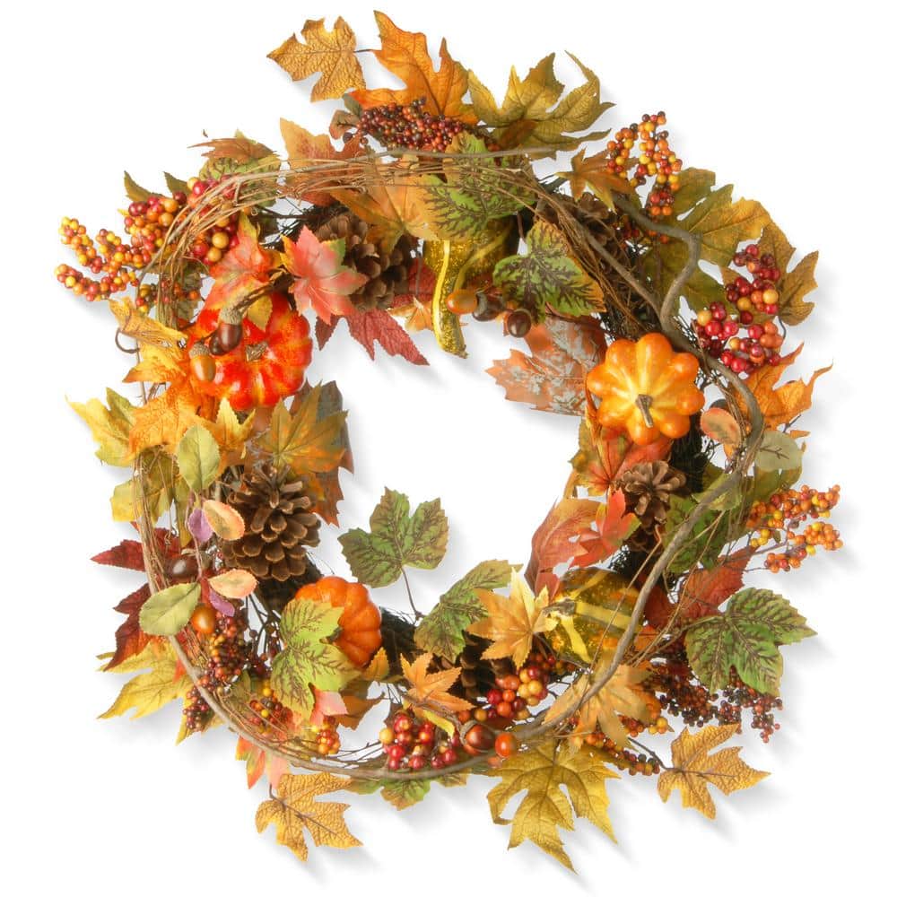 24 in. Artificial Maple Wreath with Pumpkins - Hercitys