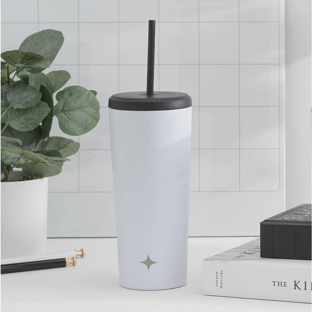 20 oz. White Vacuum Insulated Stainless Steel Tumbler with Flip Lid and Straw Lid Options - Hercitys