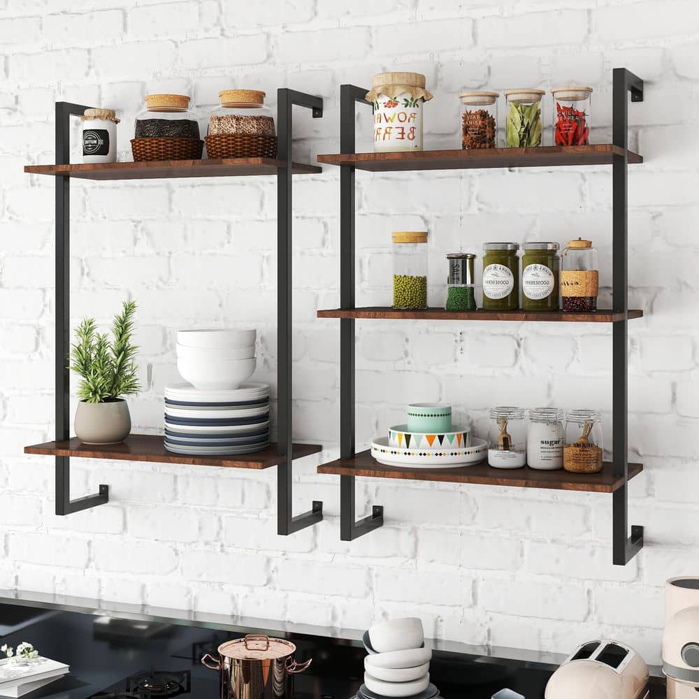 2 Pieces Kitchen Pantry, 3 Tier and 2 Tier Metal Bathroom Shelves, Wood Hanging Storage Bookshelf in Walnut - Hercitys