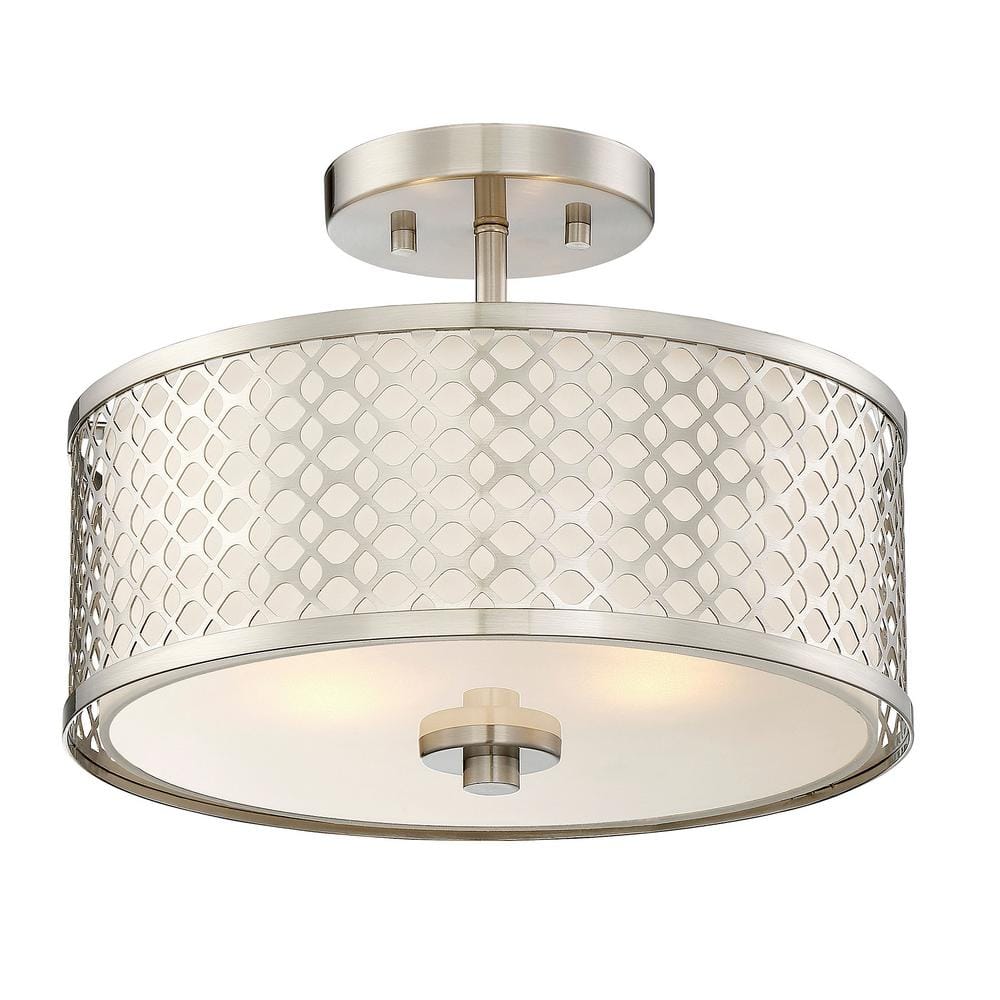 13 in. W x 10 in. H 2-Light Brushed Nickel Semi-Flush Mount with White Fabric Shade and Geometric Metal Frame - Hercitys