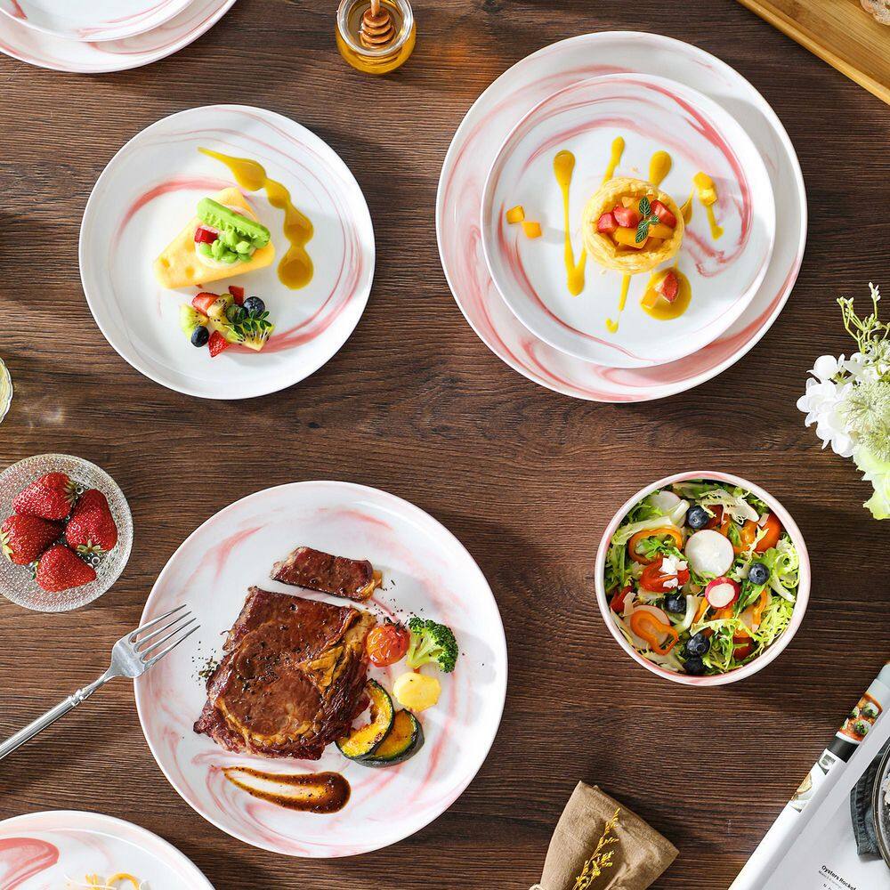 18-Piece Marble Pink Porcelain Dinnerware Set Service for 6 Dinner Set Bowls and Plates Set Tableware Service - Hercitys