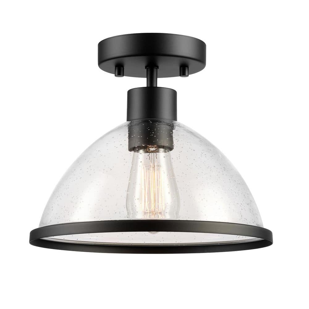 1-Light Matte Black Outdoor 10.38 Inch Flush Mount Ceiling Light with Seeded Glass Shade - Hercitys