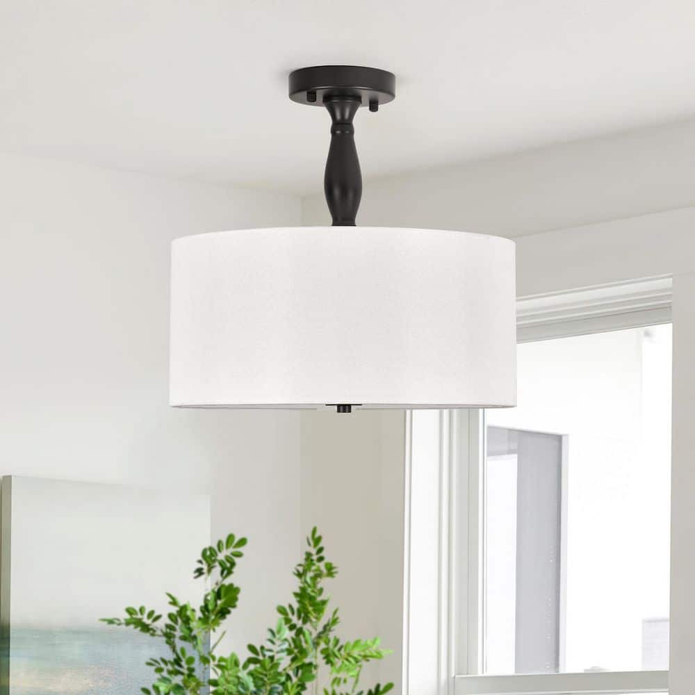 15 in. 3-Light Black Drum Dimmable Semi-Flush Mount Ceiling Light with White Fabric Shade and No Bulbs Include - Hercitys