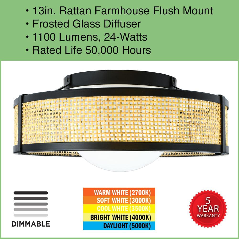13 in. Modern Farmhouse Rattan LED Flush Mount 1100 Lumens Adjustable CCT - Hercitys